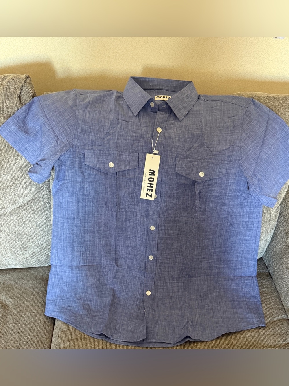 MOHEZ Men’s Blue Short Sleeve Button-Up Shirt Size L NWT